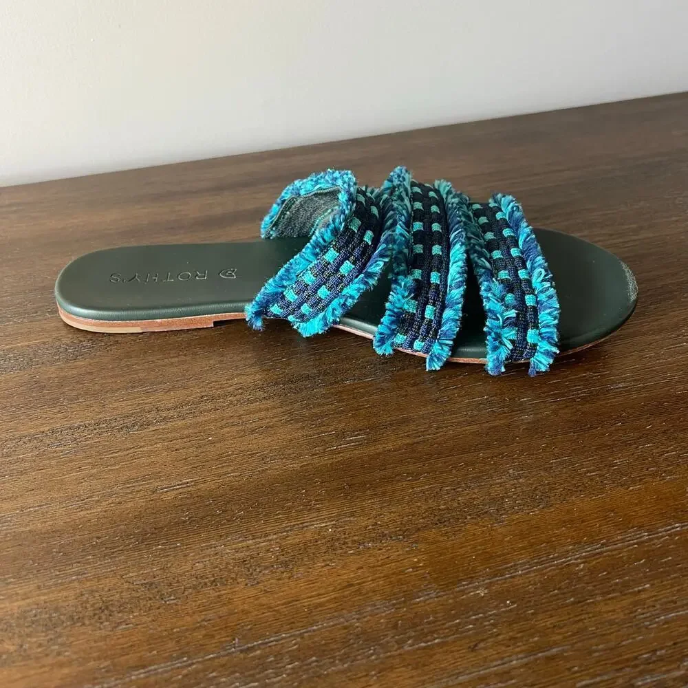 Rothy’s Woman’s Teal Blue‎ Print Slip On Fringe Triple Band Sandal- Size 8.5